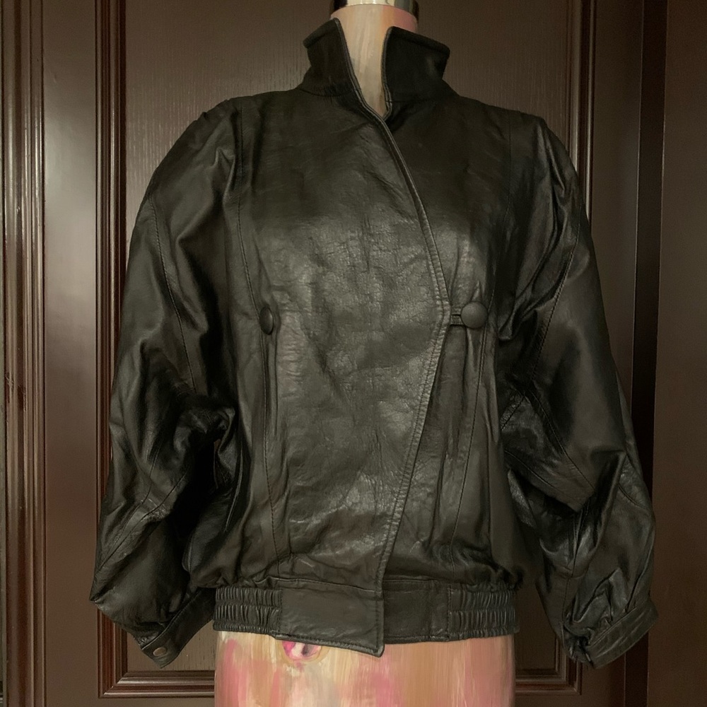 Leather bomber jacket dolman sleeve - Picture 2 of 16